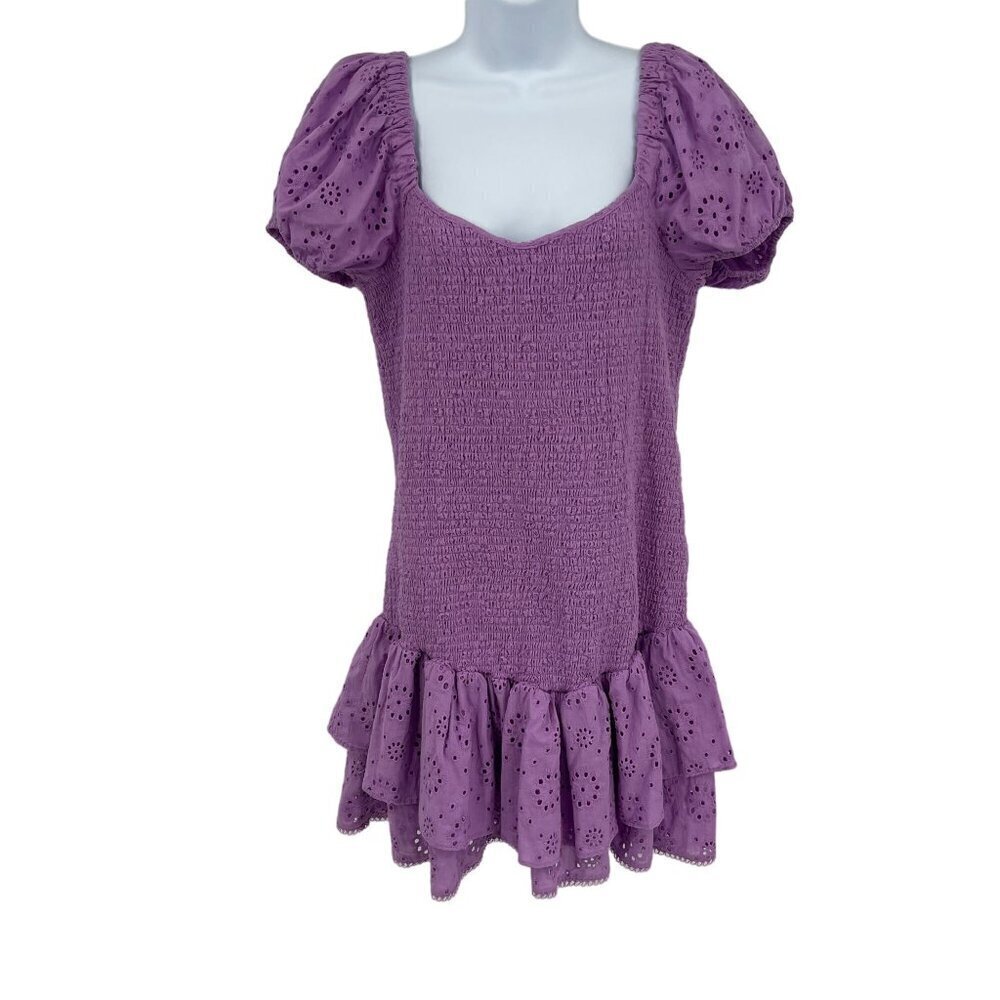 NEW Likely Tayaisha Dress Violet Eyelet Smocked Puff Sleeves Mini Dress 14 - Picture 3 of 12